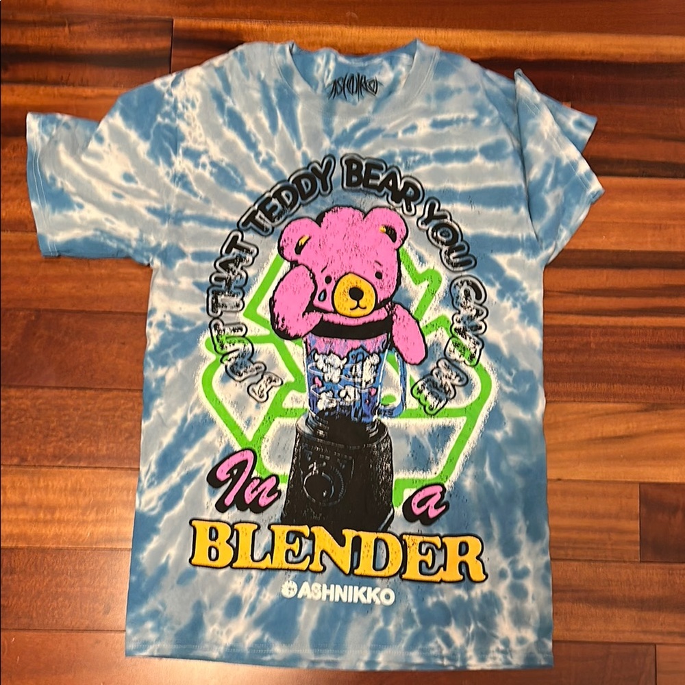 Blue and Pink Cartoon Bear Tie-Dye Short Sleeve Tee